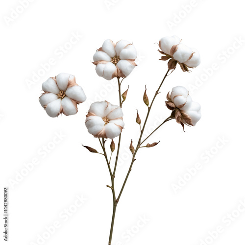 Minimal cotton plant branch with white fluffy bolls on white background. Natural and organic textile concept