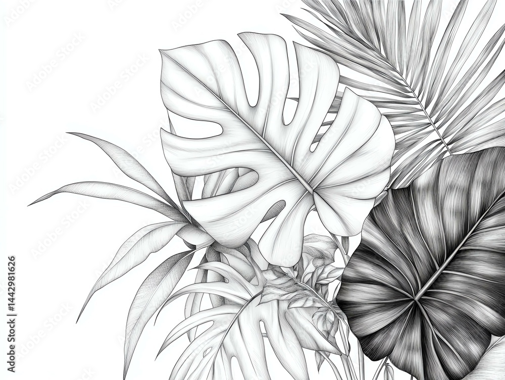 Fototapeta premium A detailed monochrome illustration of various tropical leaves, showcasing intricate designs and natural beauty.