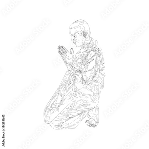praying monk in line art. Scribble art of praying monk buddha
