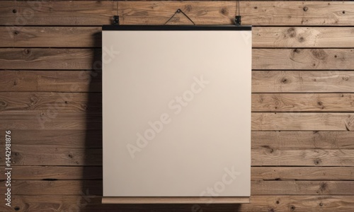 Empty poster mockup on wood, held by metal clips  Ready for your design ,  product showcase,  realistic
