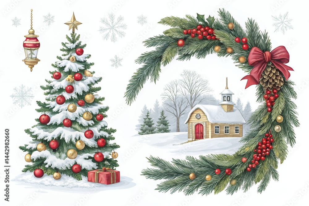 Classic Christmas Icons Festive Tree, Wreath, and Winter Chapel Illustration Classic Christmas Icons Festive Tree, Wreath, and Winter Chapel Illustration