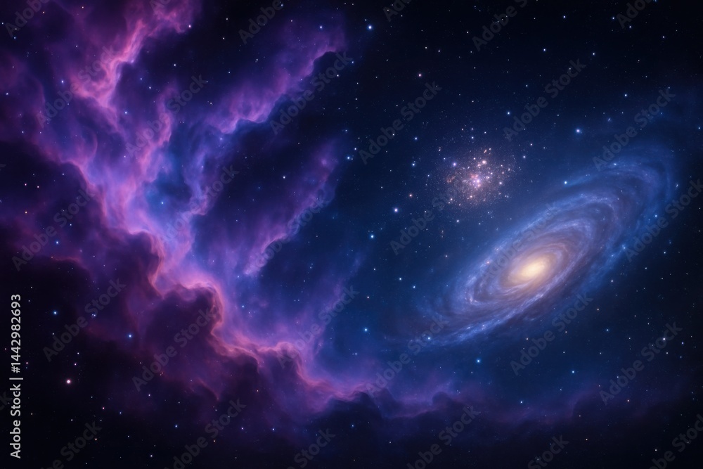 Fototapeta premium Cosmic sky with nebula gas clouds, distant star cluster, and spiral galaxy forms a beautiful night space scene.