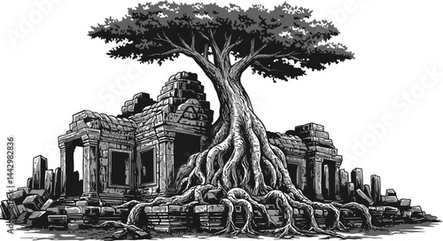 Ancient Tree Ruins Temple Vector