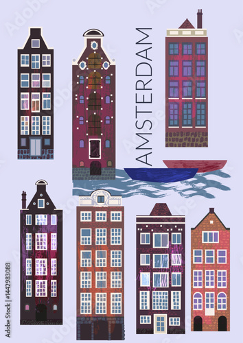 Amsterdam ancient city style architecture. Colorful canal houses set. Holland travel background.