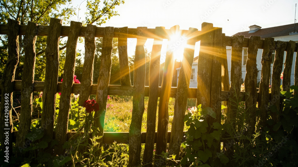 Obraz premium Sunlight through a rustic wooden fence, evoking a sense of warmth and serenity. The sun's rays cast a beautiful glow through the gaps in the fence, illuminating the scene