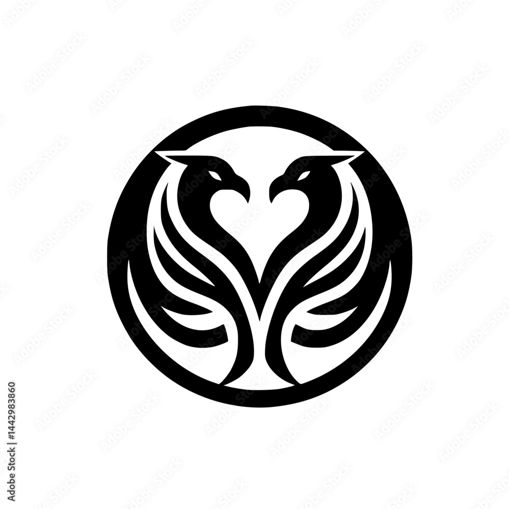 Stylized Black Birds Forming Heart Logo in Circle - Minimalist Avian Emblem Stylized Black Birds Forming Heart Logo in Circle - Minimalist Avian Emblem