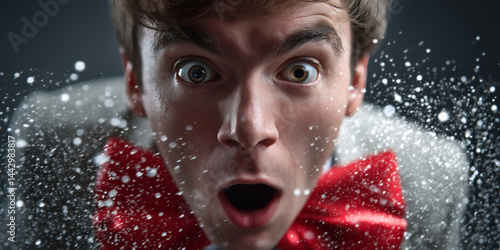 Obraz na płótnie Überraschter Mann mit aufgerissenen Augen und roter Fliege in einem Schneesturm mit Glitzer w salonie