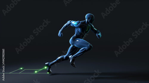 A man in a blue suit is running with his arms outstretched. The suit is illuminated with green lights, giving the impression of a futuristic runner