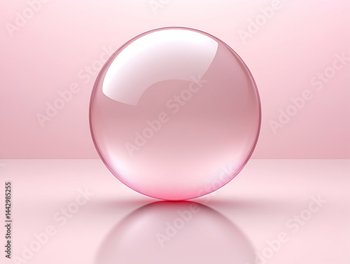 Spherical pink orb in a light pink background casting a soft shadow on a reflective surface