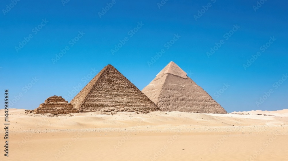 Pyramids of Giza under Clear Blue Sky in Desert Landscape Pyramids of Giza under Clear Blue Sky in Desert Landscape