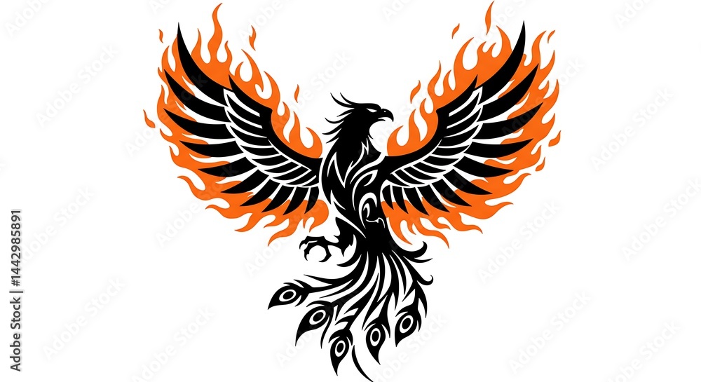Obraz premium Black vector phoenix rising in flames, tribal style
