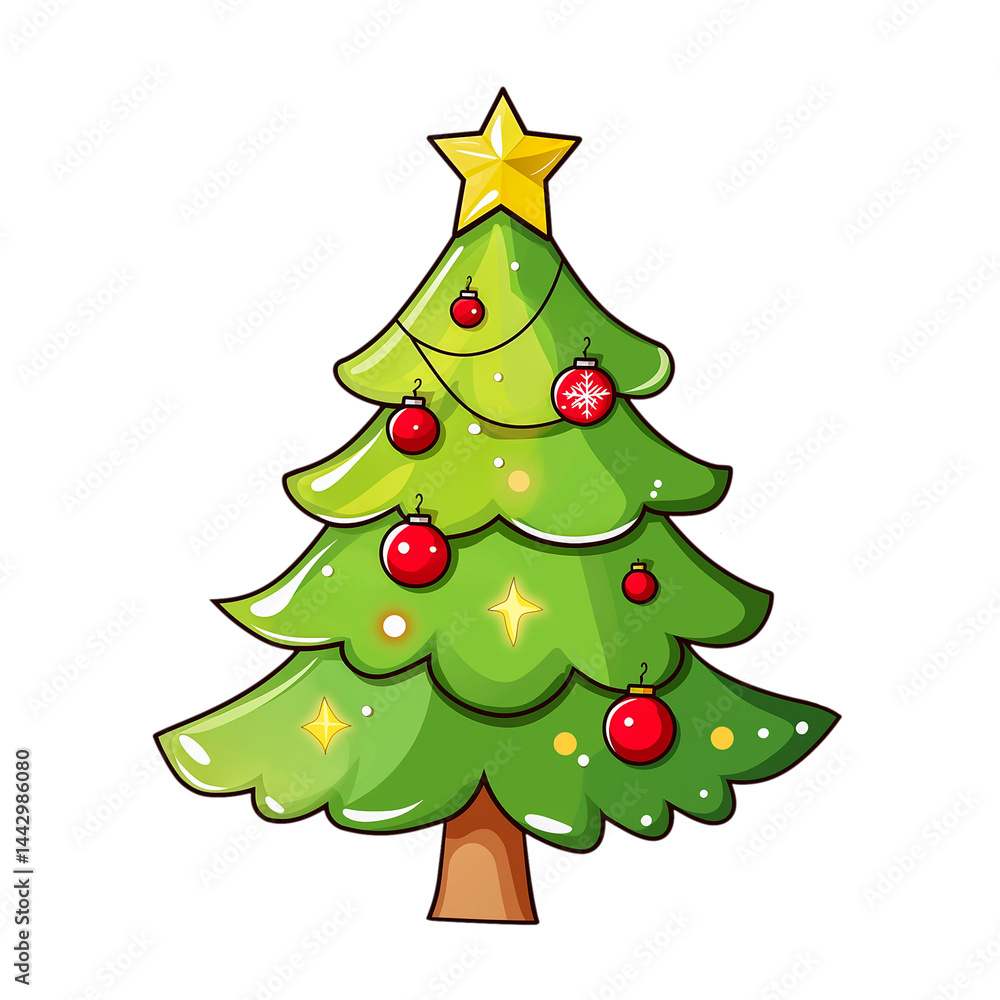 Cute cartoon christmas tree with star isolated on transparent background. Sticker, christmas tree decorated with red balls Cute cartoon christmas tree with star isolated on transparent background. Sticker, christmas tree decorated with red balls