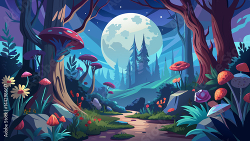 moody and moody realistic image of an acrylic painting of a full moon and a forest. There are flowers and mushrooms in the forest. There is light fog over the forest. The image is in landscape sizing 