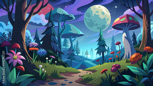 moody and moody realistic image of an acrylic painting of a full moon and a forest. There are flowers and mushrooms in the forest. There is light fog over the forest. The image is in landscape sizing 