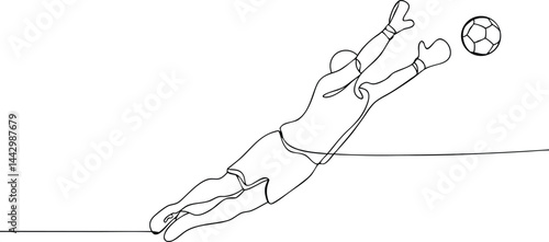 Continuous line drawing of a soccer goalkeeper making a mid-air save in dynamic minimalist black and white style

