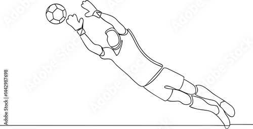 Continuous line drawing of a soccer goalkeeper making a mid-air save in dynamic minimalist black and white style

