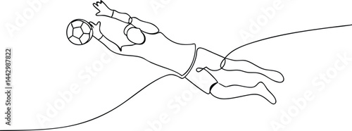 Continuous line drawing of a soccer goalkeeper making a mid-air save in dynamic minimalist black and white style

