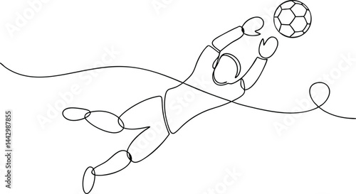 Continuous line drawing of a soccer goalkeeper making a mid-air save in dynamic minimalist black and white style

