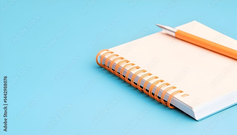 A spiral-bound notepad with blank pages rests on a light blue background, accompanied by an orange pen A spiral-bound notepad with blank pages rests on a light blue background, accompanied by an orange pen