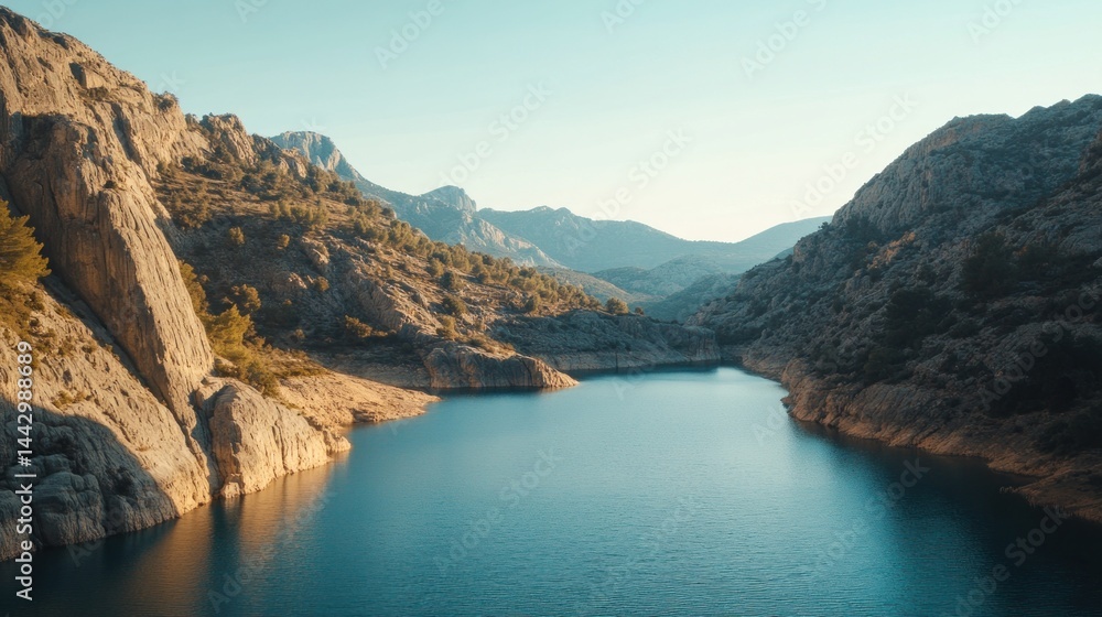 Panoramic view of tranquil lake surrounded by rocky mountains, natural beauty captured with soft lighting and clear blue water reflections Panoramic view of tranquil lake surrounded by rocky mountains, natural beauty captured with soft lighting and clear blue water reflections