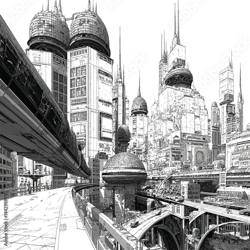 Vector Futuristic Cityscape, Detailed Monochrome Urban Design.