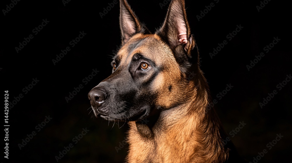 of a Belgian Malinois in near darkness, only a sliver of light illuminating its face. Intense gaze, ears perked, showcasing quiet vigilance. Soft shadows emphasize texture of fur. Belgian Malinois, of a Belgian Malinois in near darkness, only a sliver of light illuminating its face. Intense gaze, ears perked, showcasing quiet vigilance. Soft shadows emphasize texture of fur. Belgian Malinois,