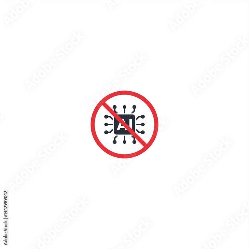Flat vector icon of AI chip crossed out with prohibition symbol. Represents rejection of artificial intelligence, ethical limits, tech warning and algorithm control.