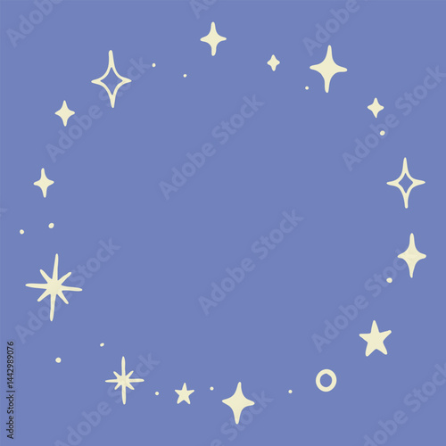Cosmic round frame with stars and spark shines. Mystical and celestial. Vector illustration aesthetic design.
