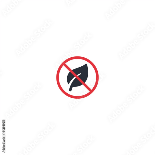 Flat vector icon of leaf crossed out with prohibition sign, representing non-eco product, environmental warning, synthetic material or non-organic content.