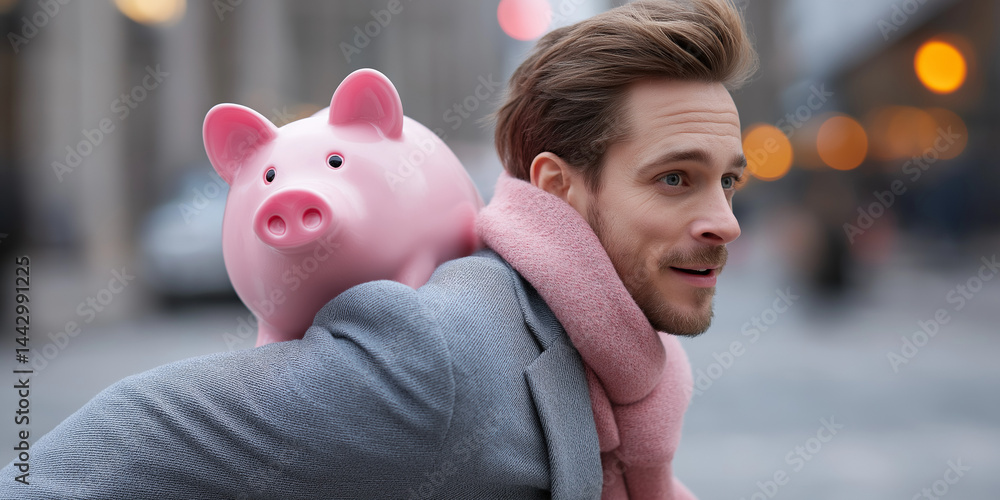 Lächelnder Geschäftsmann trägt rosa Sparschwein auf seiner Schulter in städtischer Umgebung