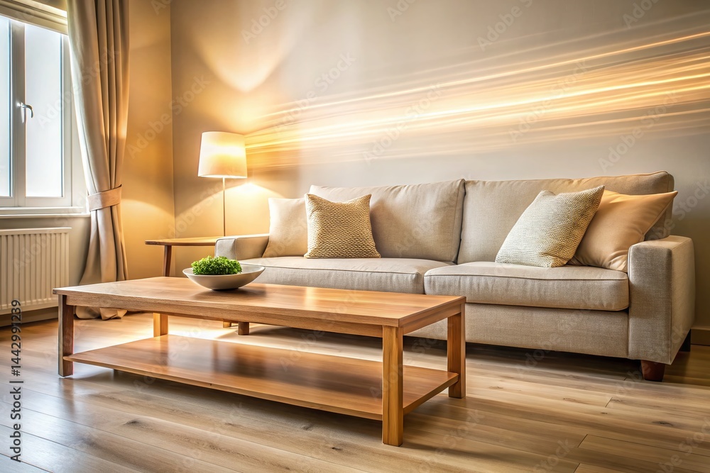 Long Exposure Photography: Beige Sofa & Wooden Coffee Table in Cozy Living Room
