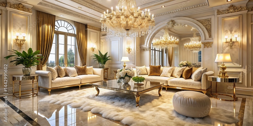 Luxurious Living Room with Pastel Flowers, Crystal Vases, and Gold Accents - Night Photography
