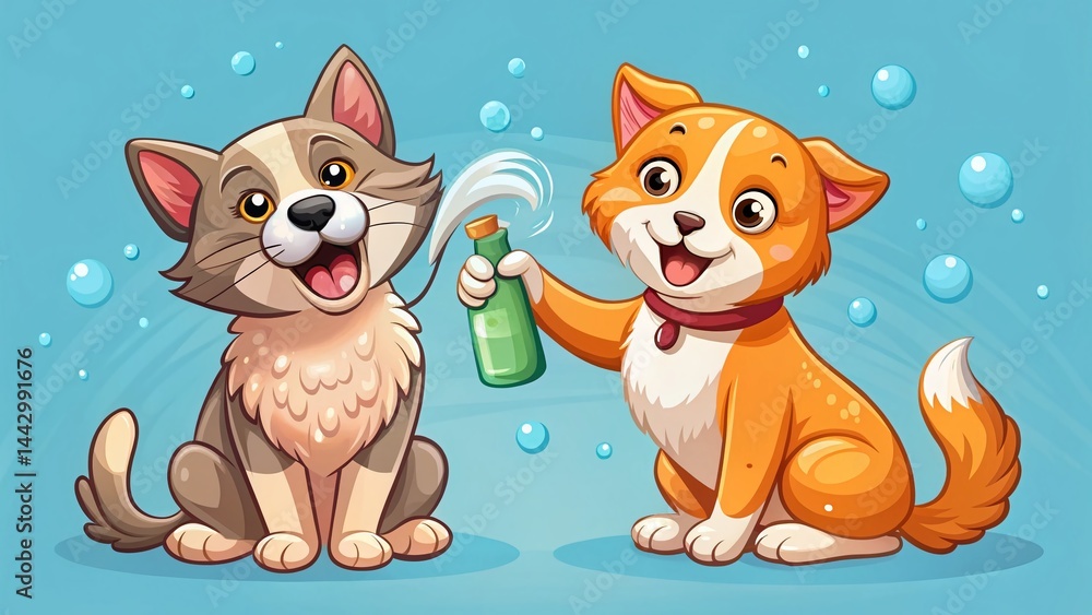 Playful Pets & Cleaning Supplies: Adorable Dog and Cat Illustration on Spray Bottle Stock Photo
