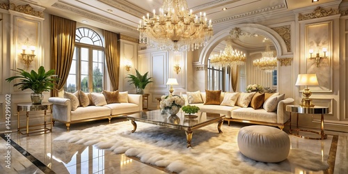 Obraz na płótnie Luxurious Living Room with Pastel Flowers, Crystal Vases, and Gold Accents - Night Photography w salonie
