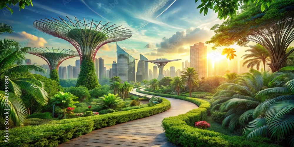 Modern City Skyline & Tropical Garden Harmony: Tilt-Shift 3D Render