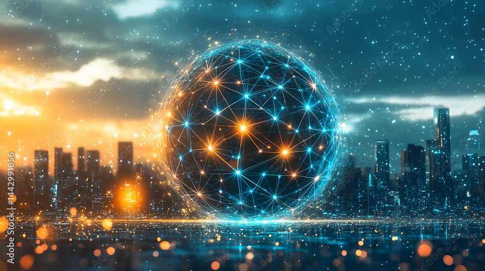Fototapeta premium A glowing network sphere hovers over a cityscape at dusk with orange and blue lights reflecting