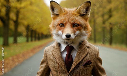 A red fox dressed in a formal suit and tie, ready for a special occasion