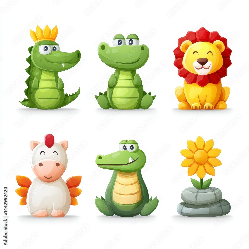 Naklejka premium Charming Cartoon Animals Crocodiles, Lion, and Winged Pony Illustrations