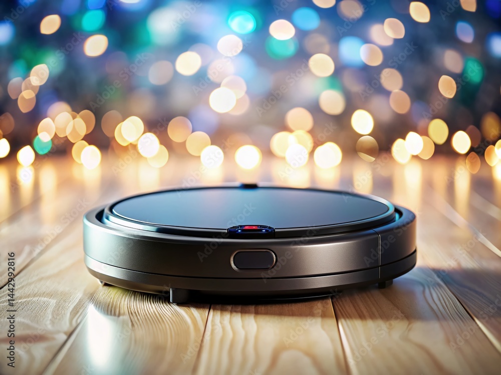 Sleek Black Robot Vacuum Cleaner with Bokeh Effect - Modern Home Appliance Photography