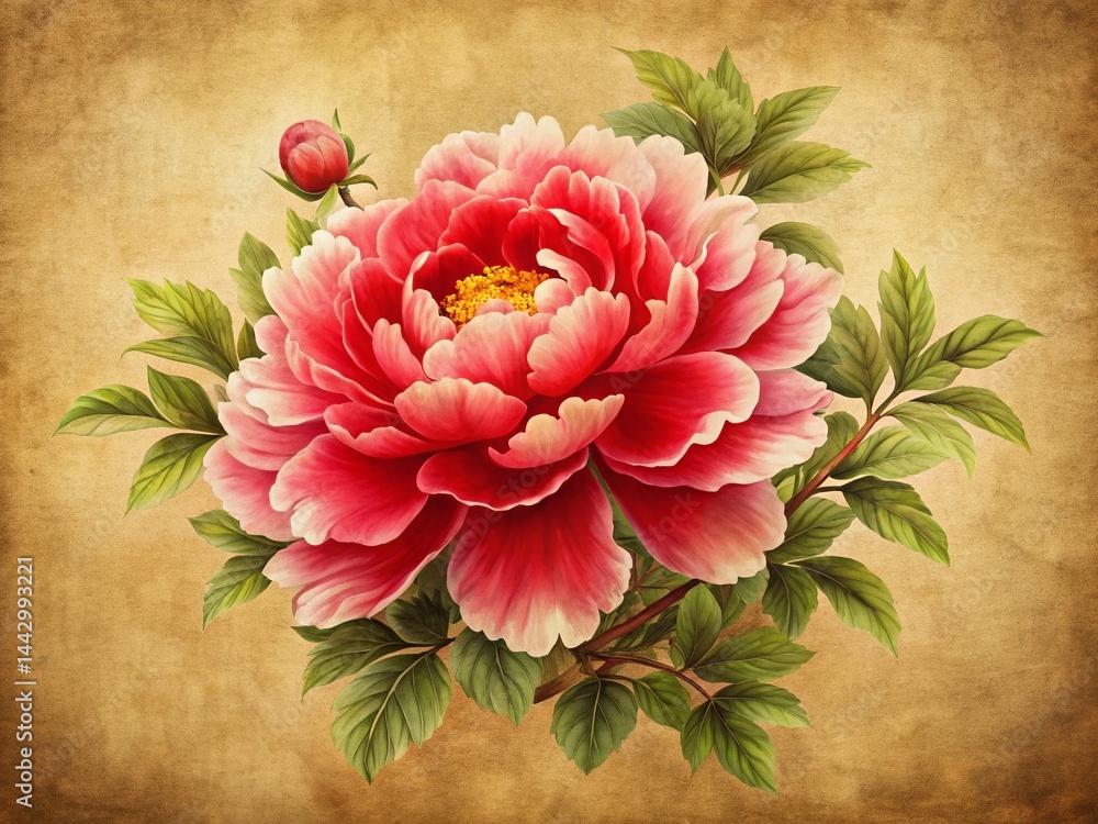 Vintage Watercolor Chinese Peony Painting on Beige, Gold Border, High Resolution Stock Photo