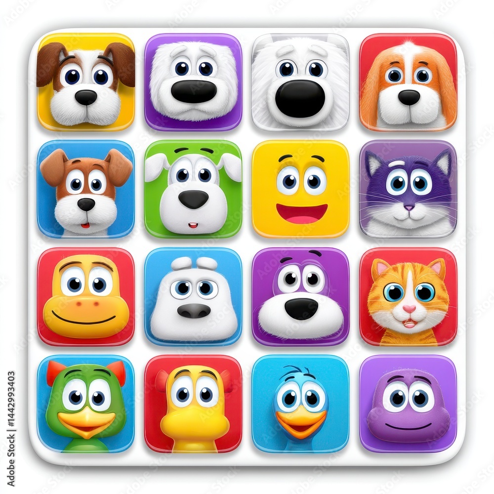 Fototapeta premium Colorful Cartoon Animal Faces Grid