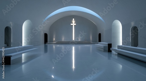 Glowing Christian cross stands at the center of a modern minimalist white chapel interior with a reflective floor.