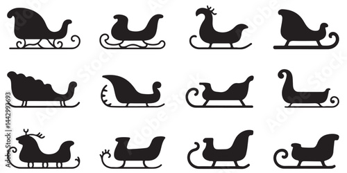 set of black vector Santa Claus sleigh icons. Christmas sleigh silhouette collection. Sledge of santa claus shapes. Black vector various sleigh silhouettes