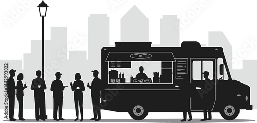 Food Truck Silhouette with Customer Line, Urban Scene