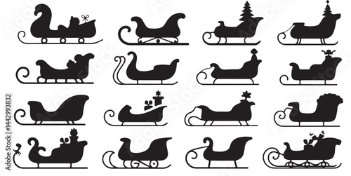 set of black vector Santa Claus sleigh icons. Christmas sleigh silhouette collection. Sledge of santa claus shapes. Black vector various sleigh silhouettes