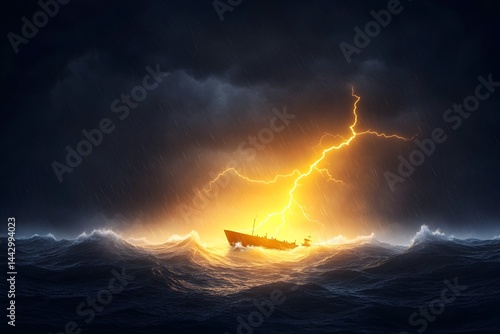 A ship battles a raging storm at sea, lightning striking near it amidst heavy rain and tumultuous waves