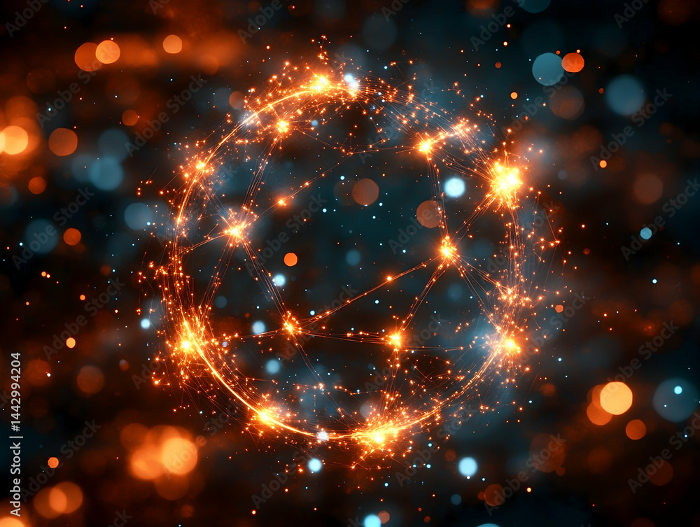 Bright luminous network sphere with connected points and blurred teal and orange bokeh background Bright luminous network sphere with connected points and blurred teal and orange bokeh background