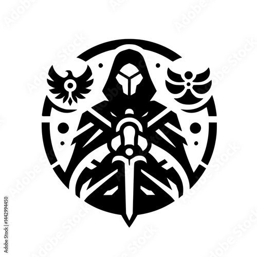 Mysterious Hooded Figure Emblem: Geometric Black & White Crest with Warrior Silhouette, Sword, Bird, and Symbolic Elements