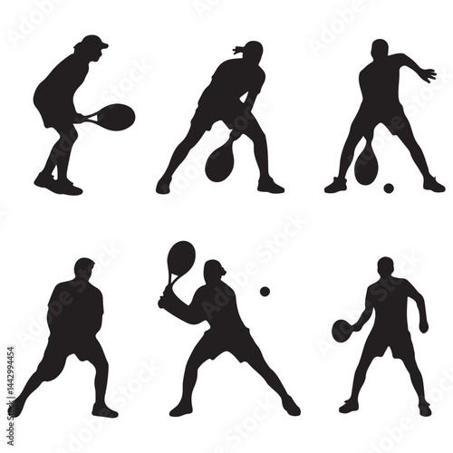 set black vector tennis player silhouettes, table tennis player 