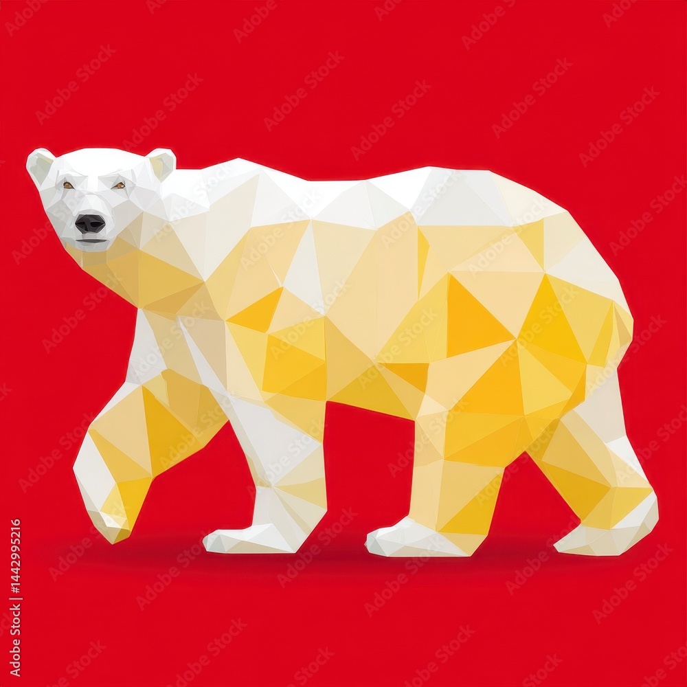 Fototapeta premium Low Poly Polar Bear Walking on Red Background